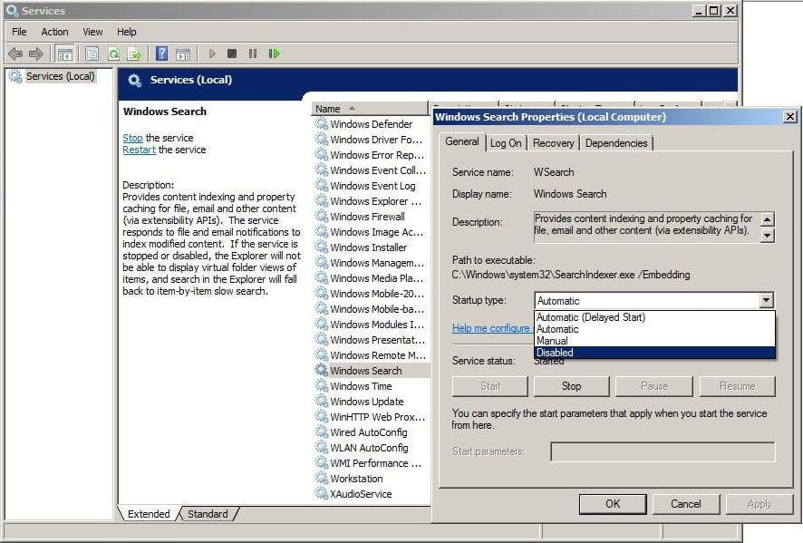 Disable the Indexing Service (Windows Search)