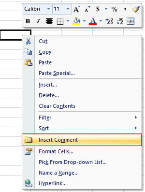 excel insert comment