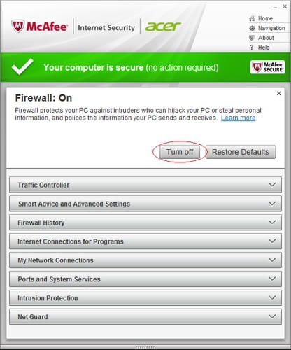 mcafee total protection firewall won t turn on mac