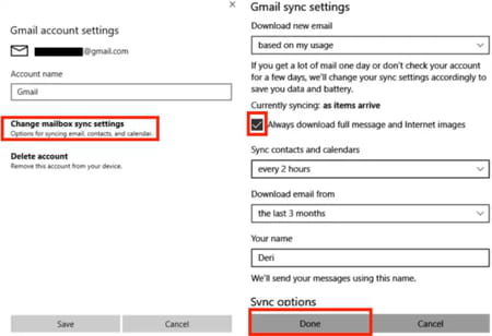 configure email sync settings Windows Mail app