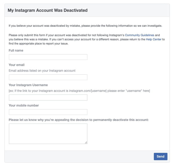 Instagram disabled form